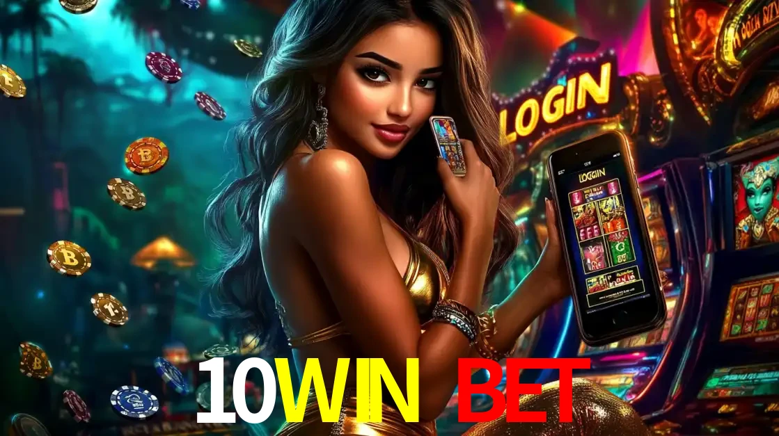 Mulher em um cenário de cassino temático de aventura, mostrando o app de caça-níqueis da 10WIN BET no celular. Fichas de apostas flutuam ao redor.