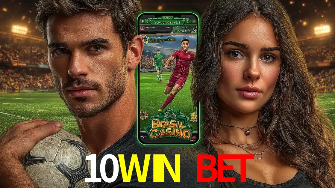 Homem segurando uma bola de futebol e uma mulher ao lado de um smartphone exibindo o jogo de apostas esportivas da 10WIN BET. Faça seu palpite no cassino online.